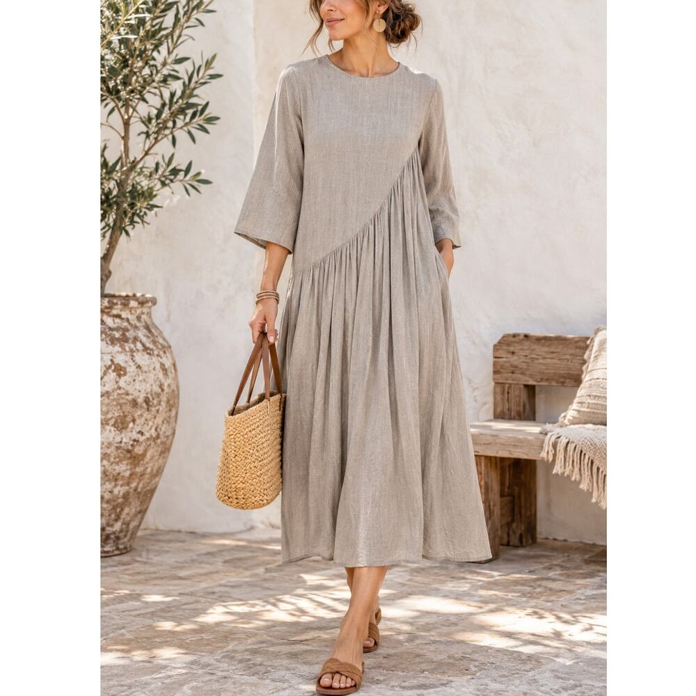 SOLIKA Talia Midi Dress S Rayon Linen Asymmetric Pleated Modest Lagenlook